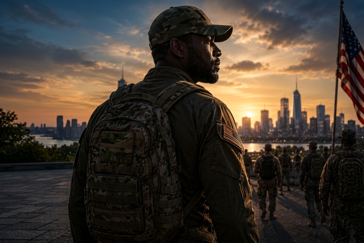 Veteran Looking at City Skyline Transition Concept Render